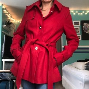 Express Red Winter Coat with Tie Belt